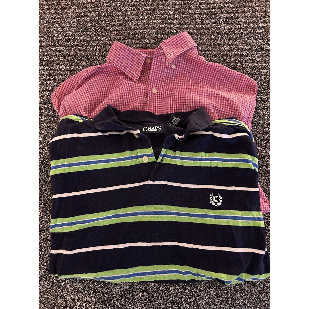 Lot Of 2 Chaps Short Sleeve Shirts. Pink Button Down Large. Blue/Green Polo XL